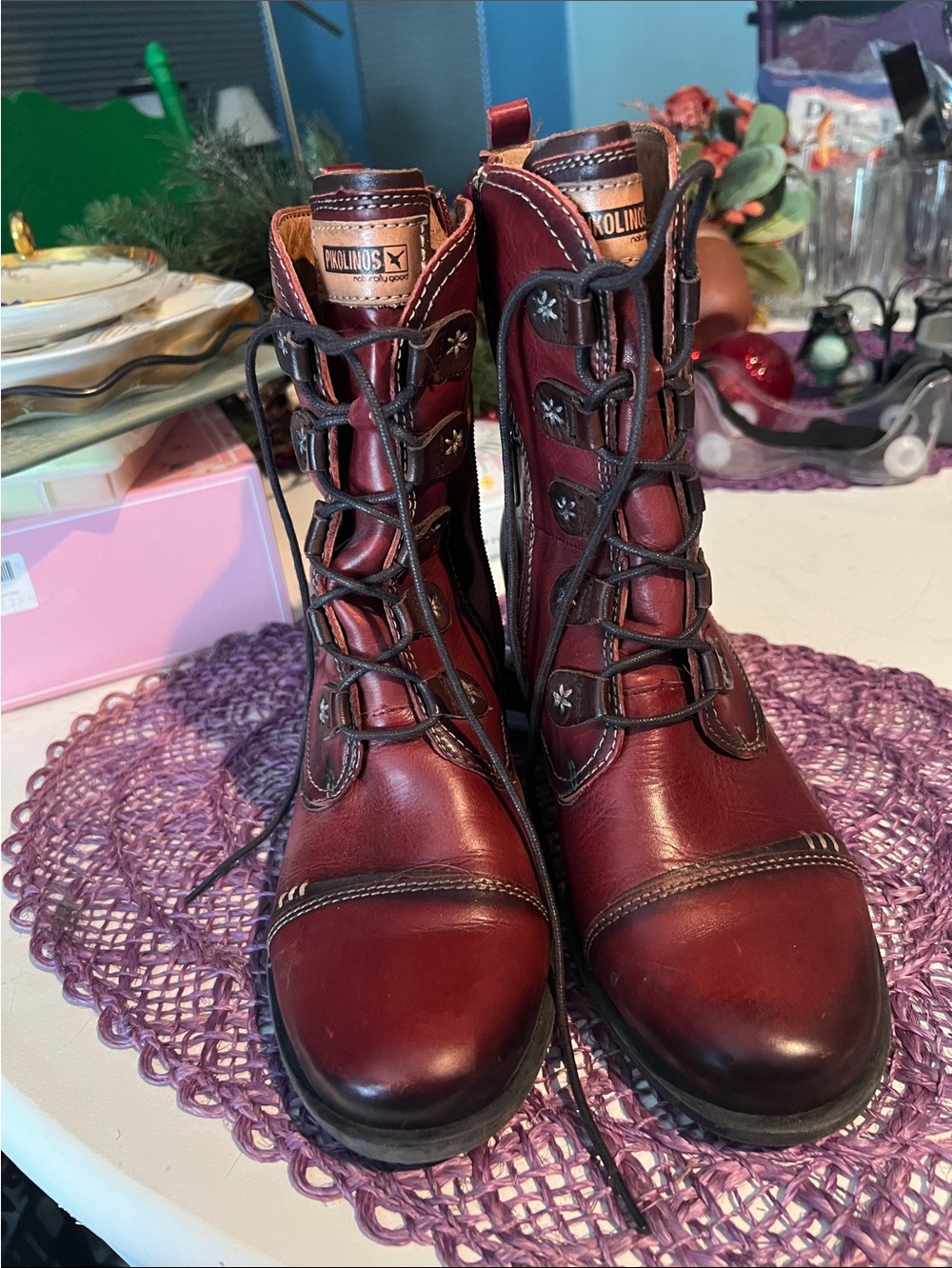 PIKOLINOS Women's Burgundy Lace-Up Leather Boots